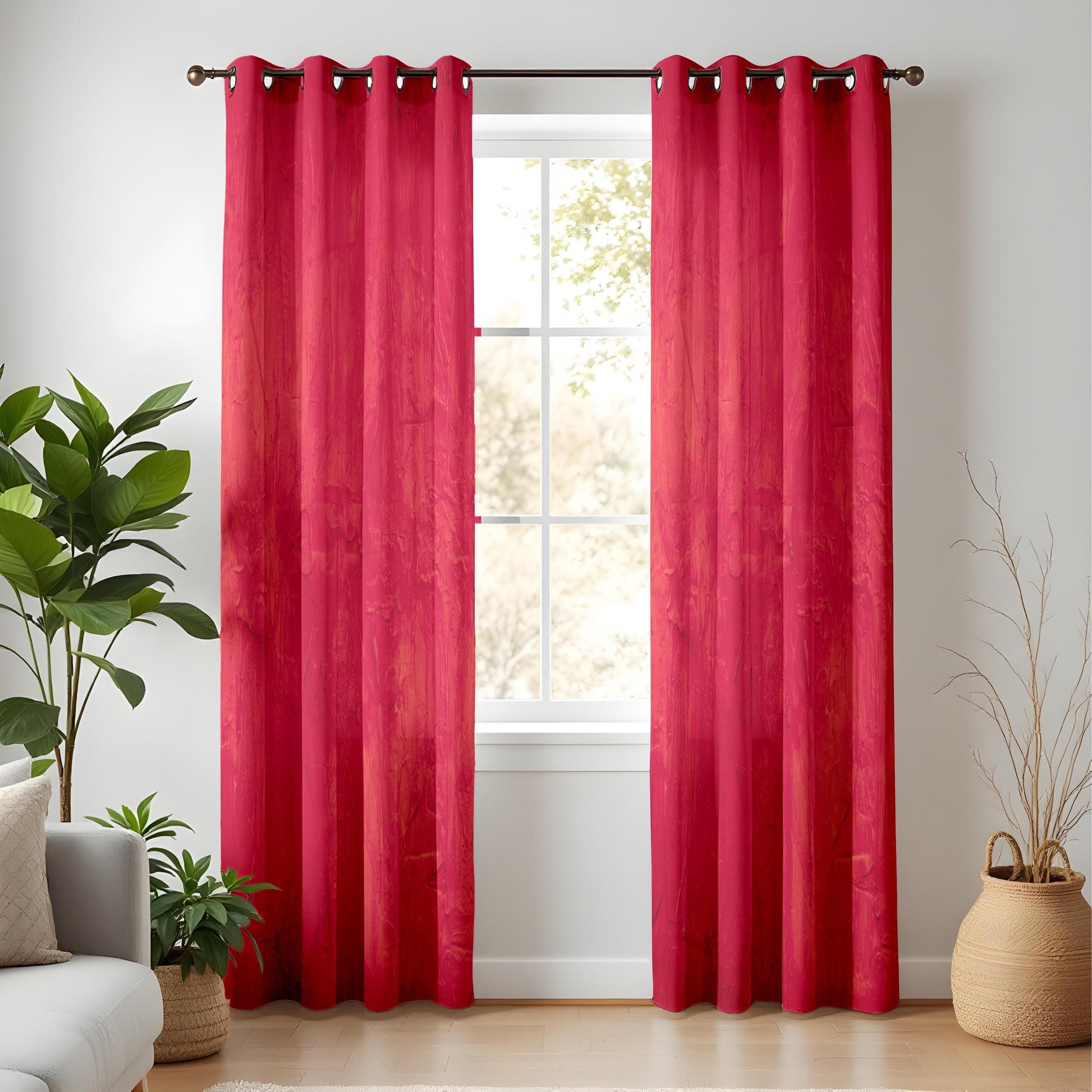 Onay Bold Red Textured Curtains, Modern Abstract Window Drapes, Vibrant Home Decor