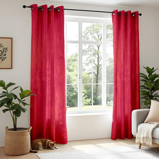 Onay Bold Red Textured Curtains, Modern Abstract Window Drapes, Vibrant Home Decor