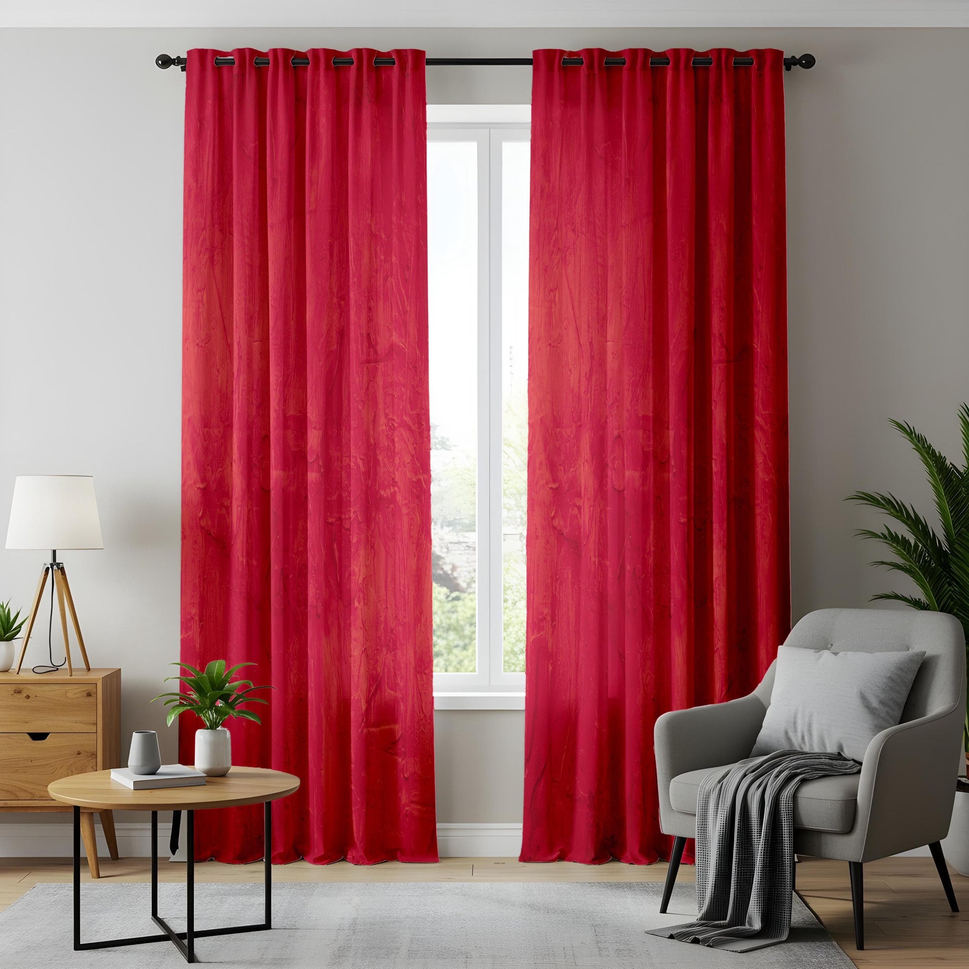 Onay Bold Red Textured Curtains, Modern Abstract Window Drapes, Vibrant Home Decor