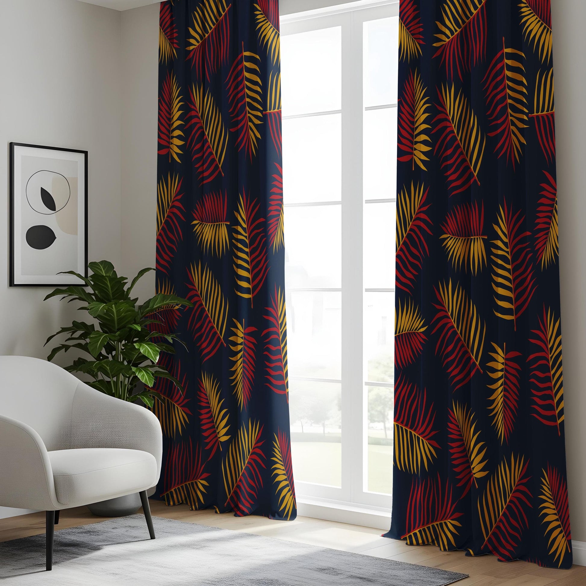 Onay Bold Tropical Leaf Curtains, Red & Gold Palm Print Drapes, Vibrant Jungle Home Decor