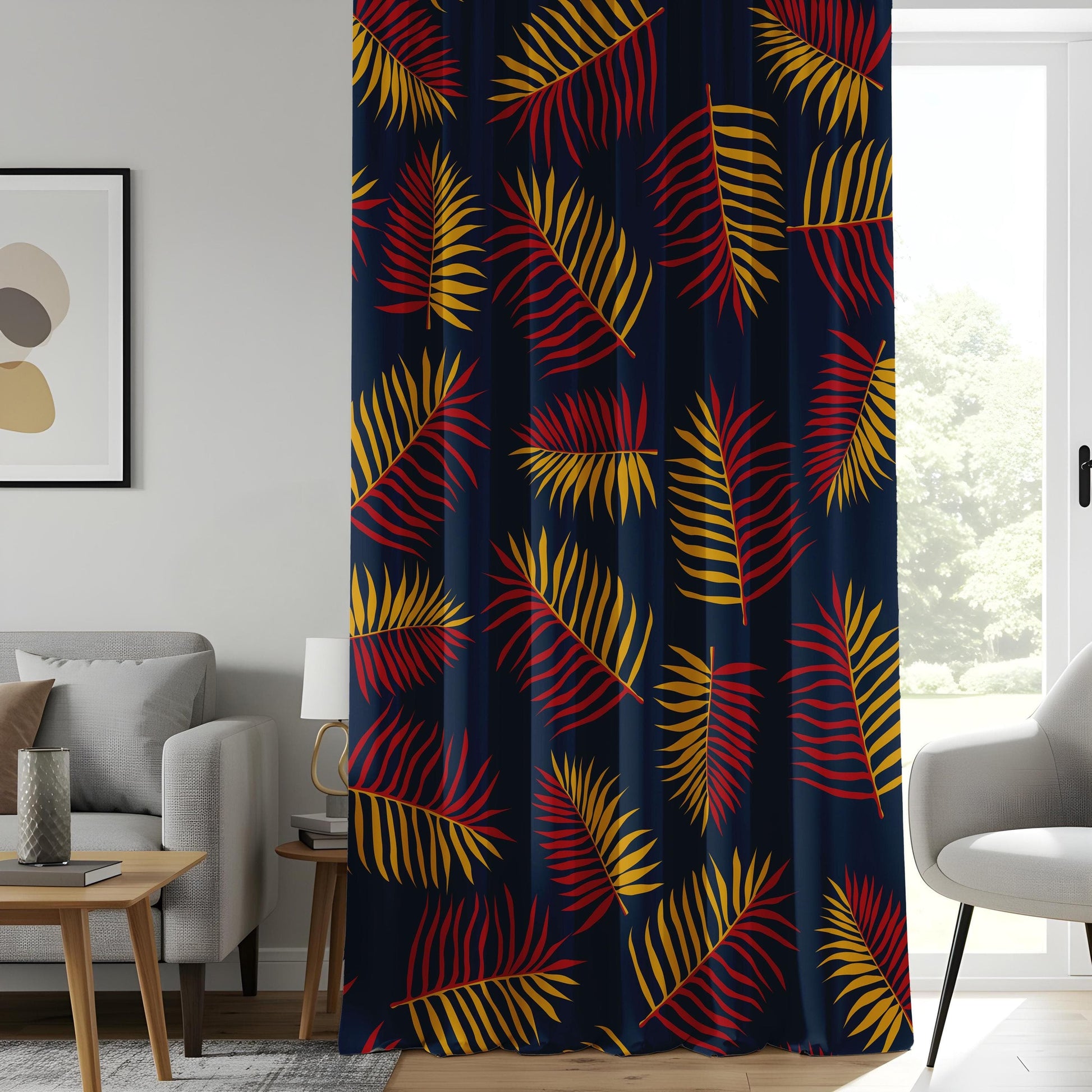 Onay Bold Tropical Leaf Curtains, Red & Gold Palm Print Drapes, Vibrant Jungle Home Decor