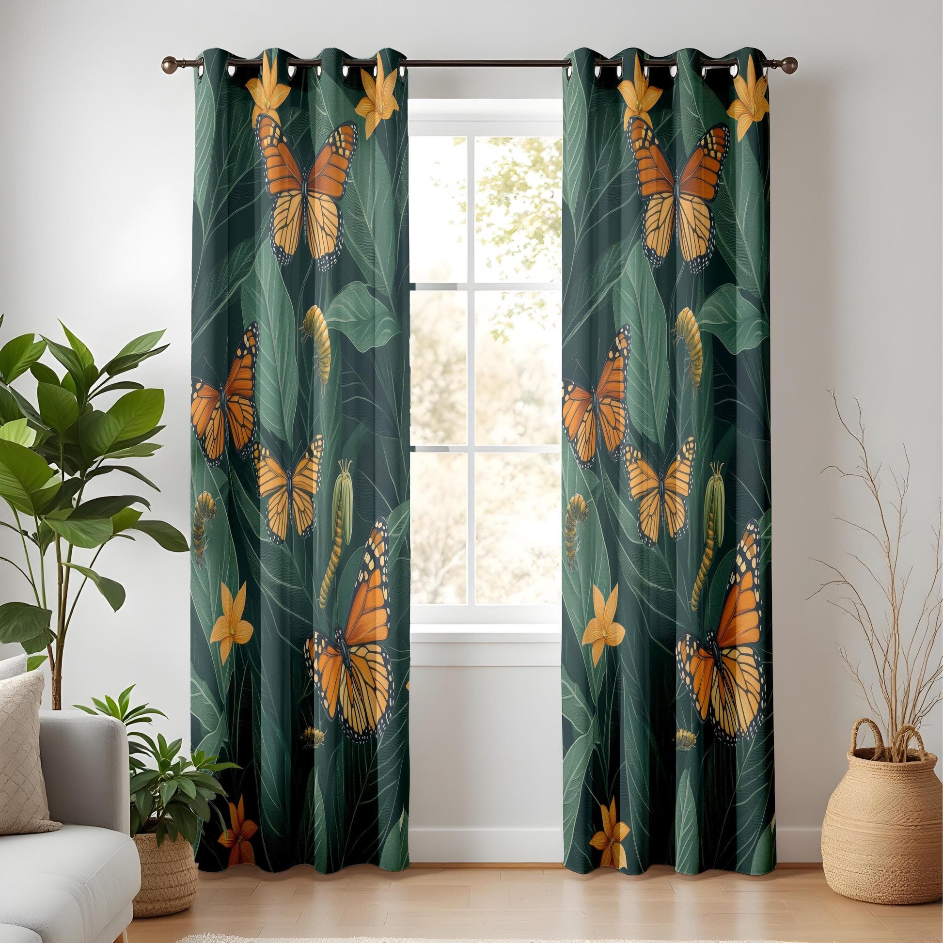 Onay Butterfly Garden Living Room Curtains, Tropical Floral Window Drapes