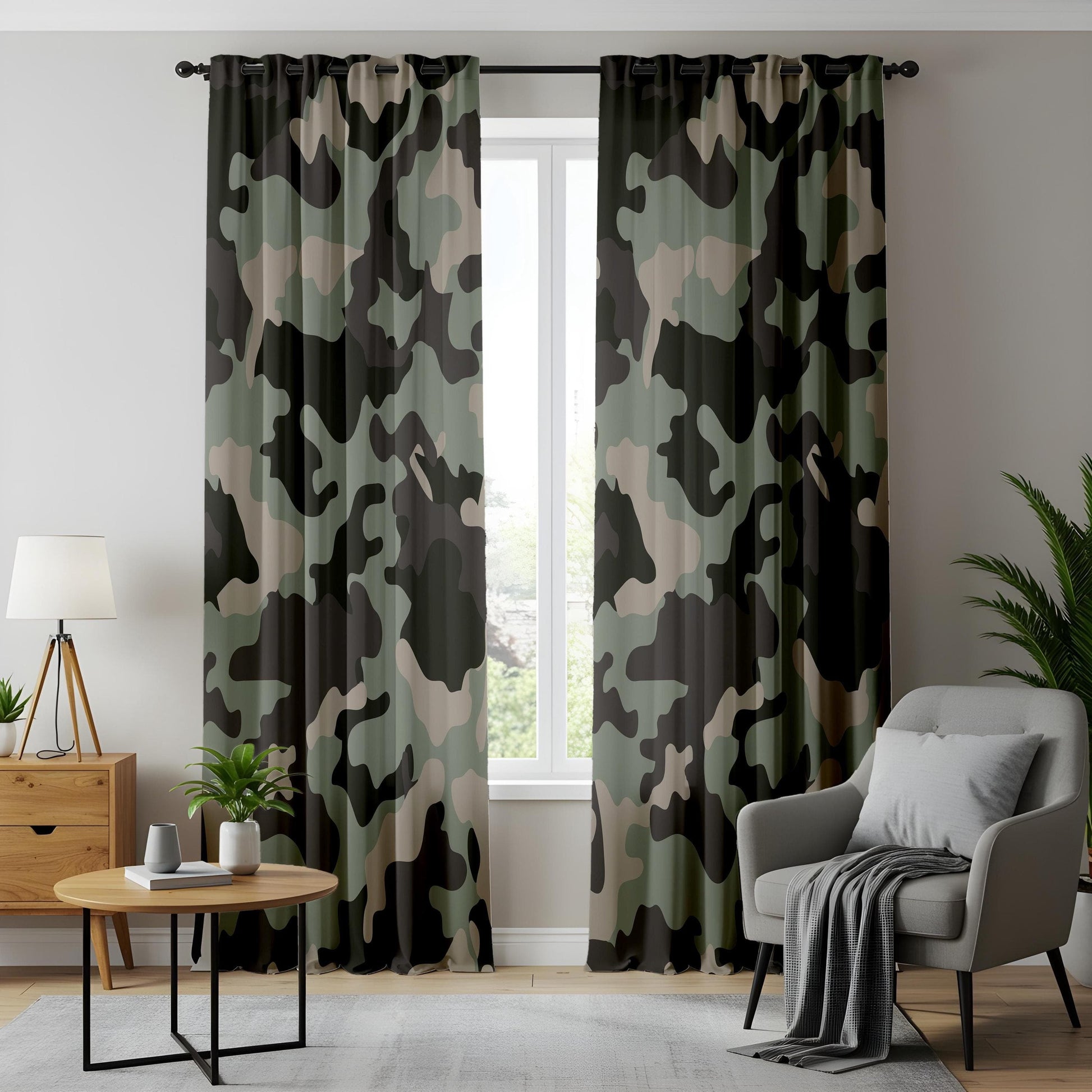 Onay Camouflage Forest Curtains – Hunter and Soldier-Inspired Drapes in Green and Beige Camo Pattern