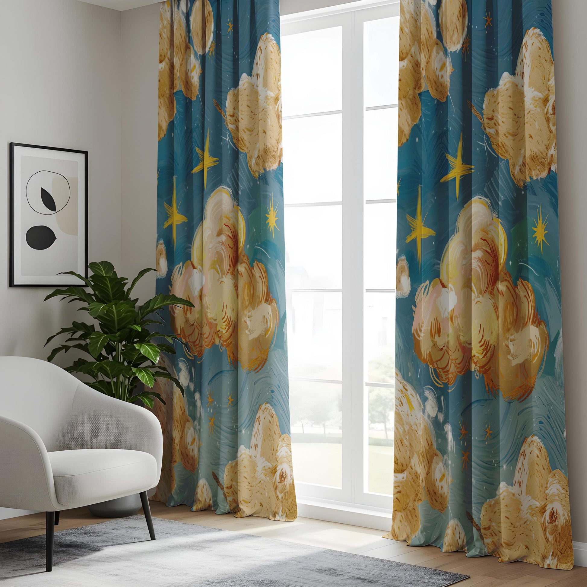 Onay Celestial Cloud and Star Curtains for Kids Room, Blue Sky Inspired Window Drapes