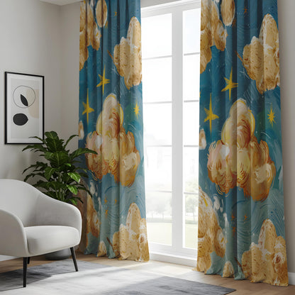 Onay Celestial Cloud and Star Curtains for Kids Room, Blue Sky Inspired Window Drapes