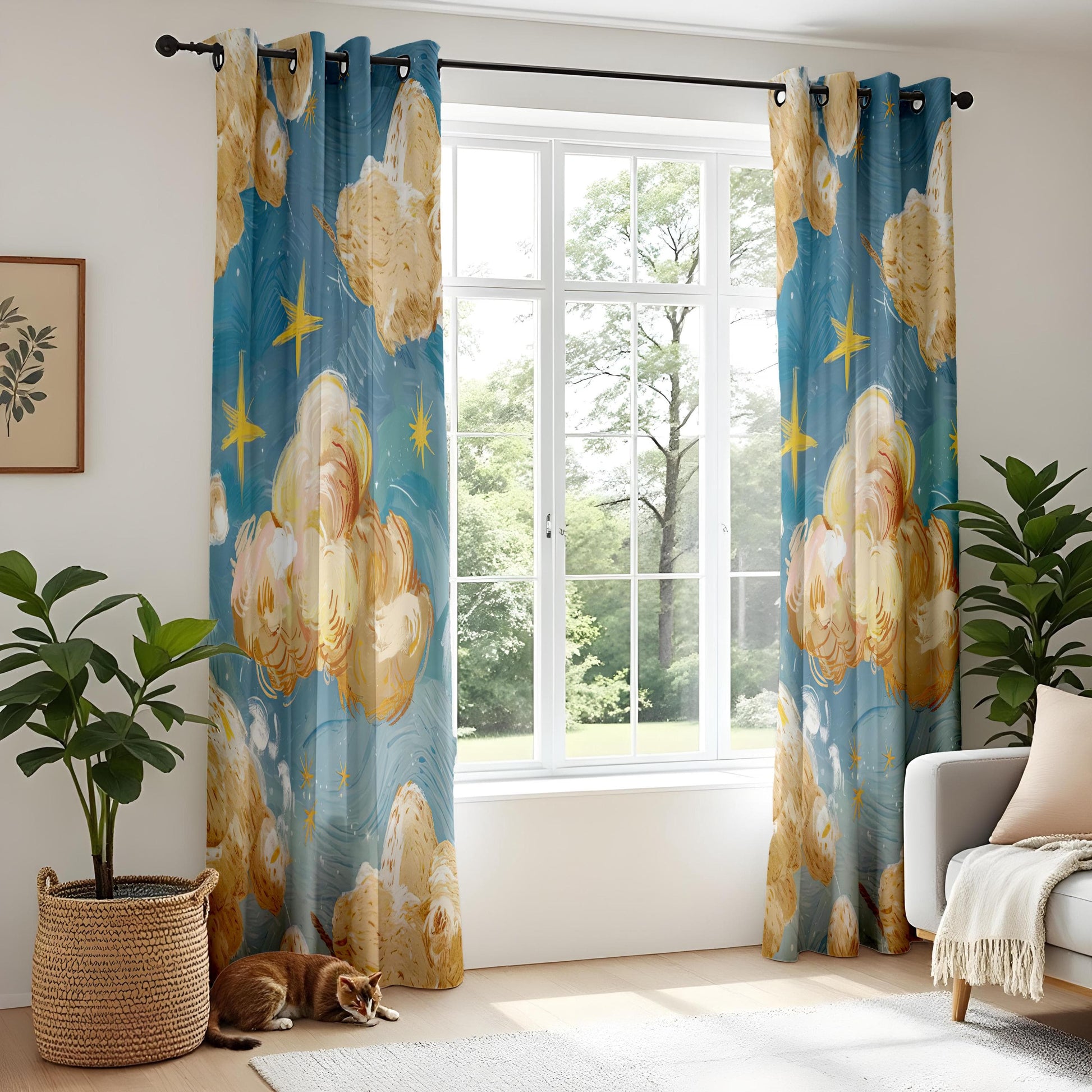 Onay Celestial Cloud and Star Curtains for Kids Room, Blue Sky Inspired Window Drapes