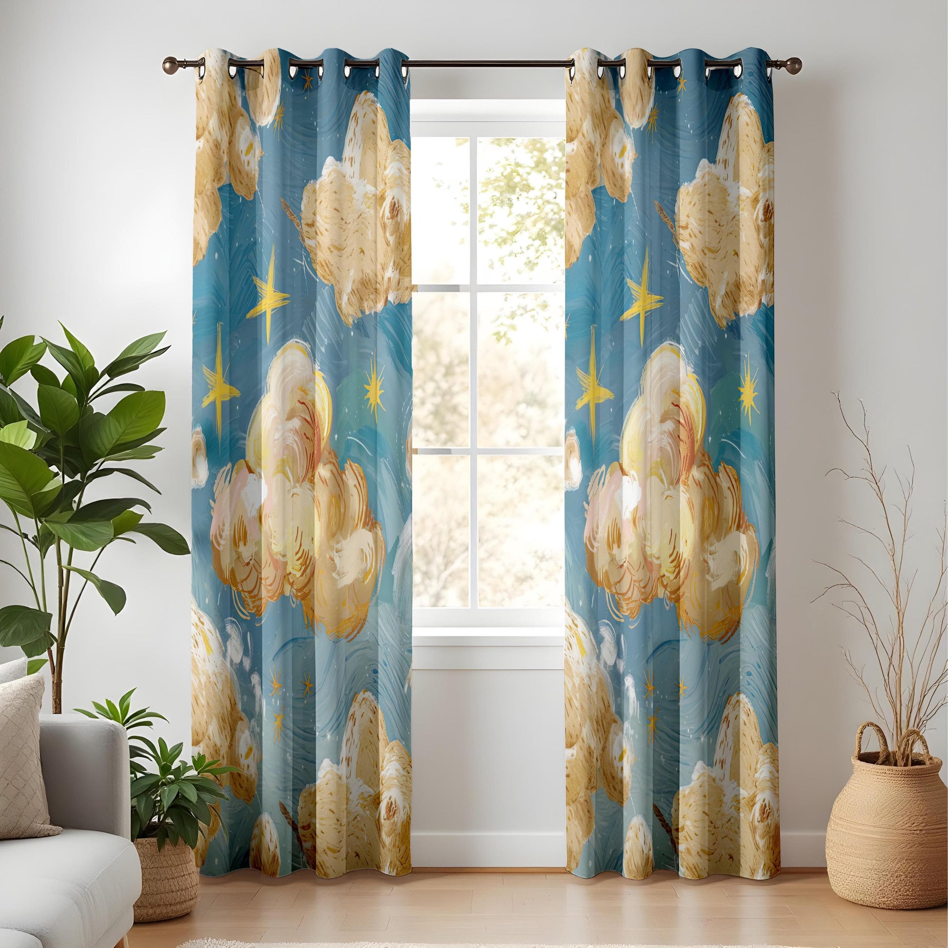 Onay Celestial Cloud and Star Curtains for Kids Room, Blue Sky Inspired Window Drapes