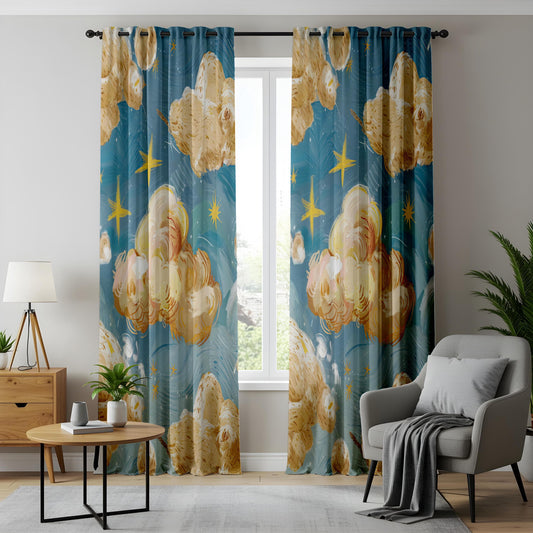 Onay Celestial Cloud and Star Curtains for Kids Room, Blue Sky Inspired Window Drapes