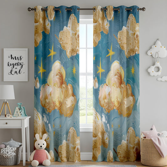 Onay Celestial Cloud and Star Curtains for Kids Room, Blue Sky Inspired Window Drapes