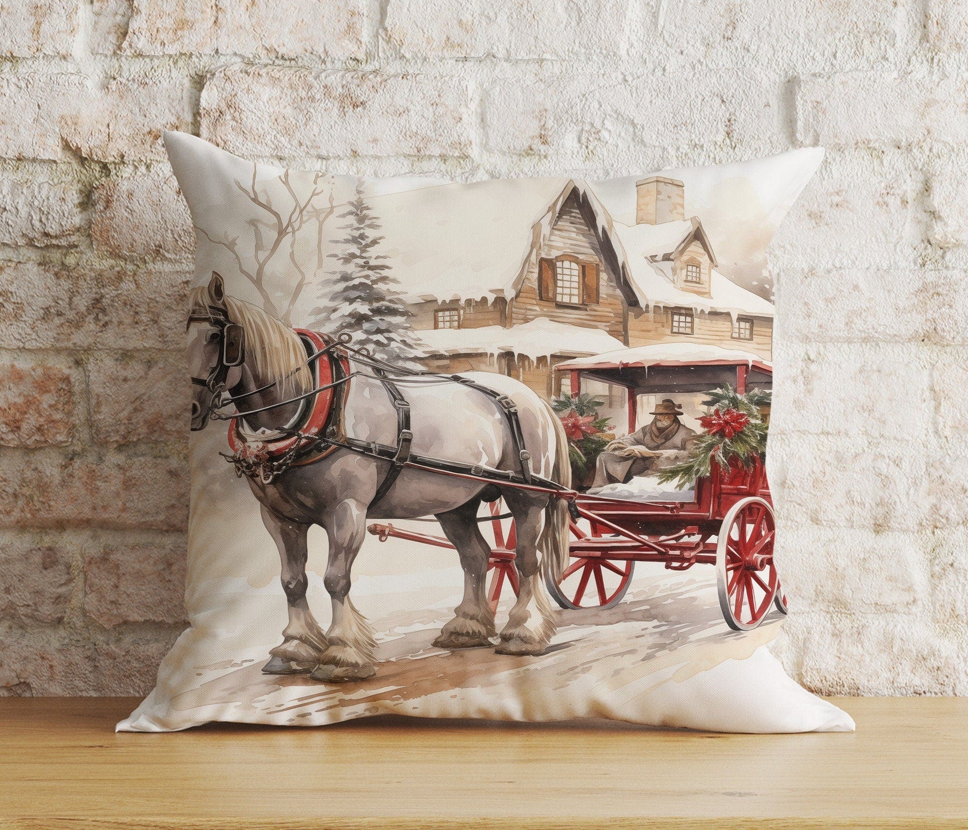 Onay 5 / 12 x 12 inch (30 x 30 cm) Double Side Christmas Horse Gift Box and Santa's Sleigh Cushion Cover