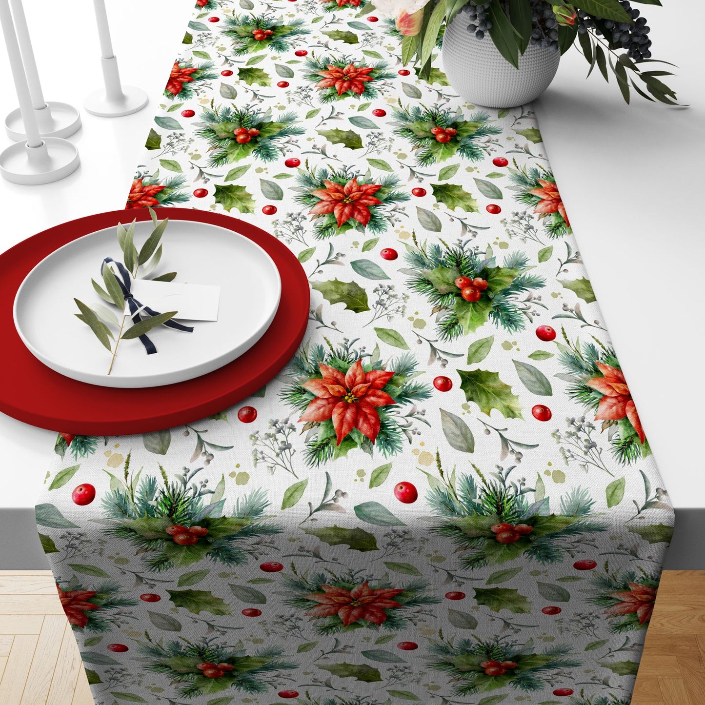 Designer Christmas Table Runner with Deer, Trees & Rustic Lodge Print