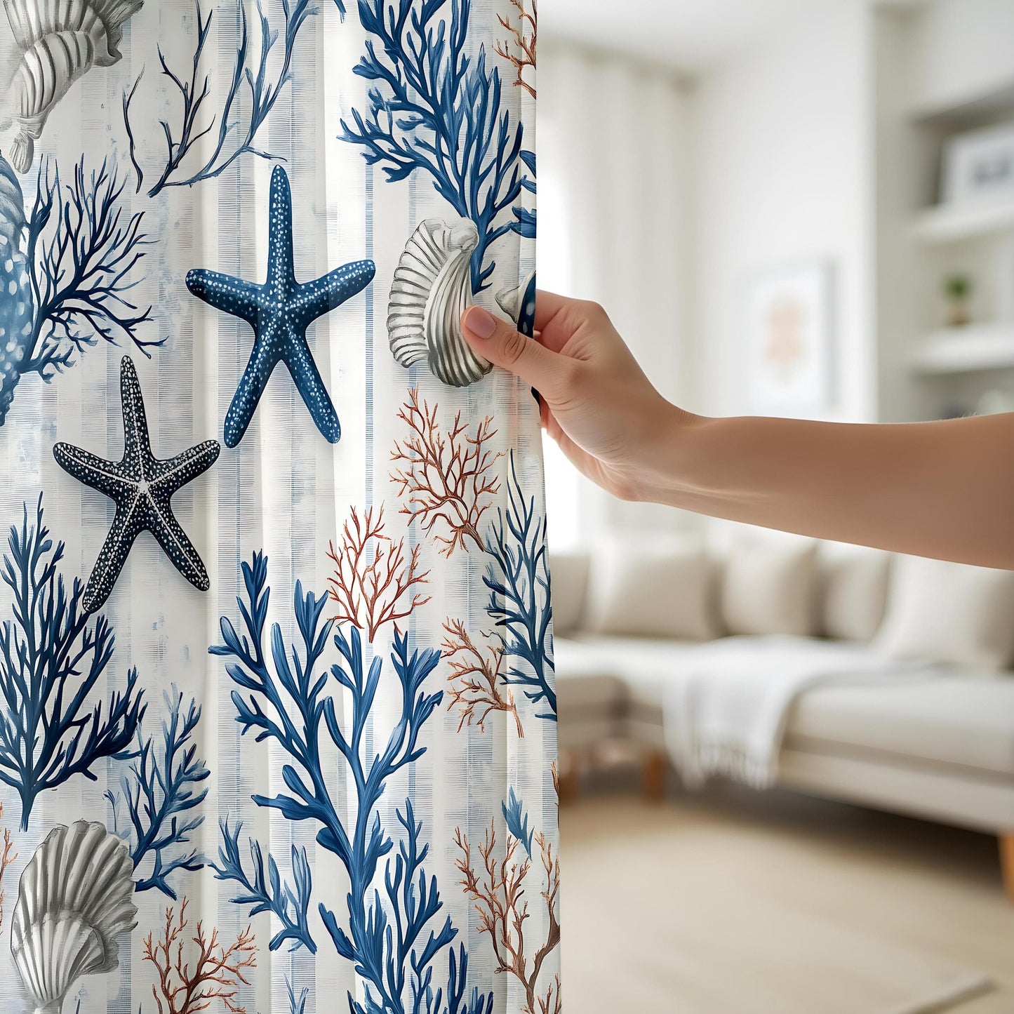 Onay Coastal Nautical Living Room Curtains, Blue Starfish and Coral Print Drapes
