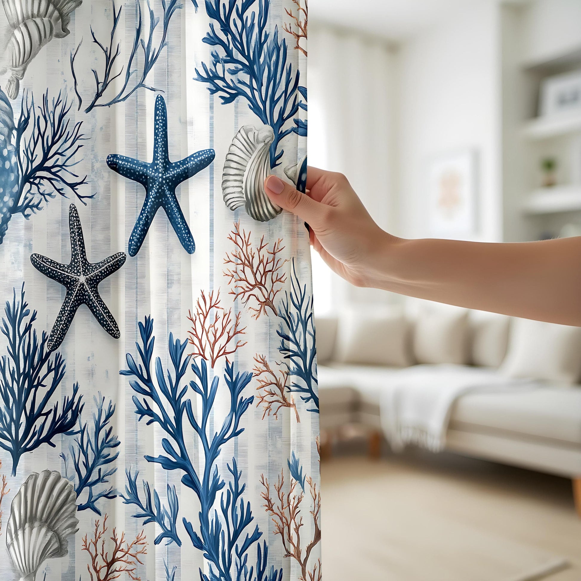 Onay Coastal Nautical Living Room Curtains, Blue Starfish and Coral Print Drapes