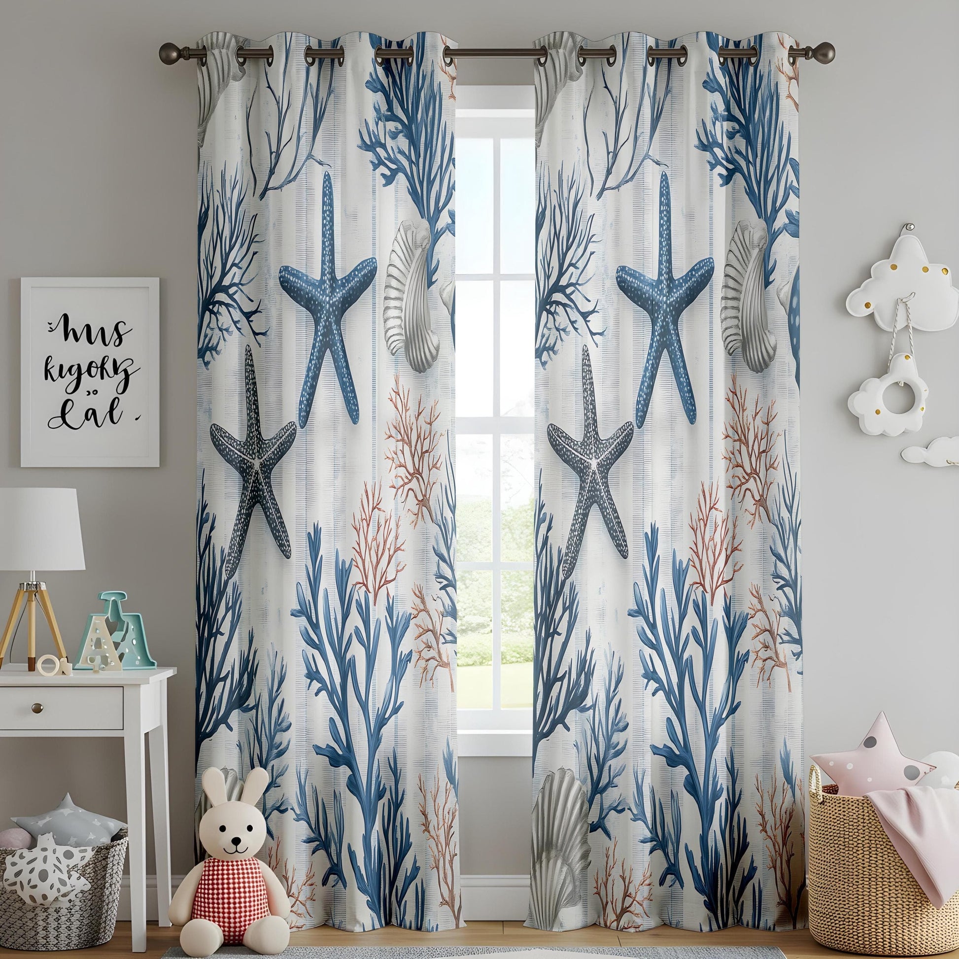 Onay Coastal Nautical Living Room Curtains, Blue Starfish and Coral Print Drapes