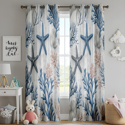 Onay Coastal Nautical Living Room Curtains, Blue Starfish and Coral Print Drapes