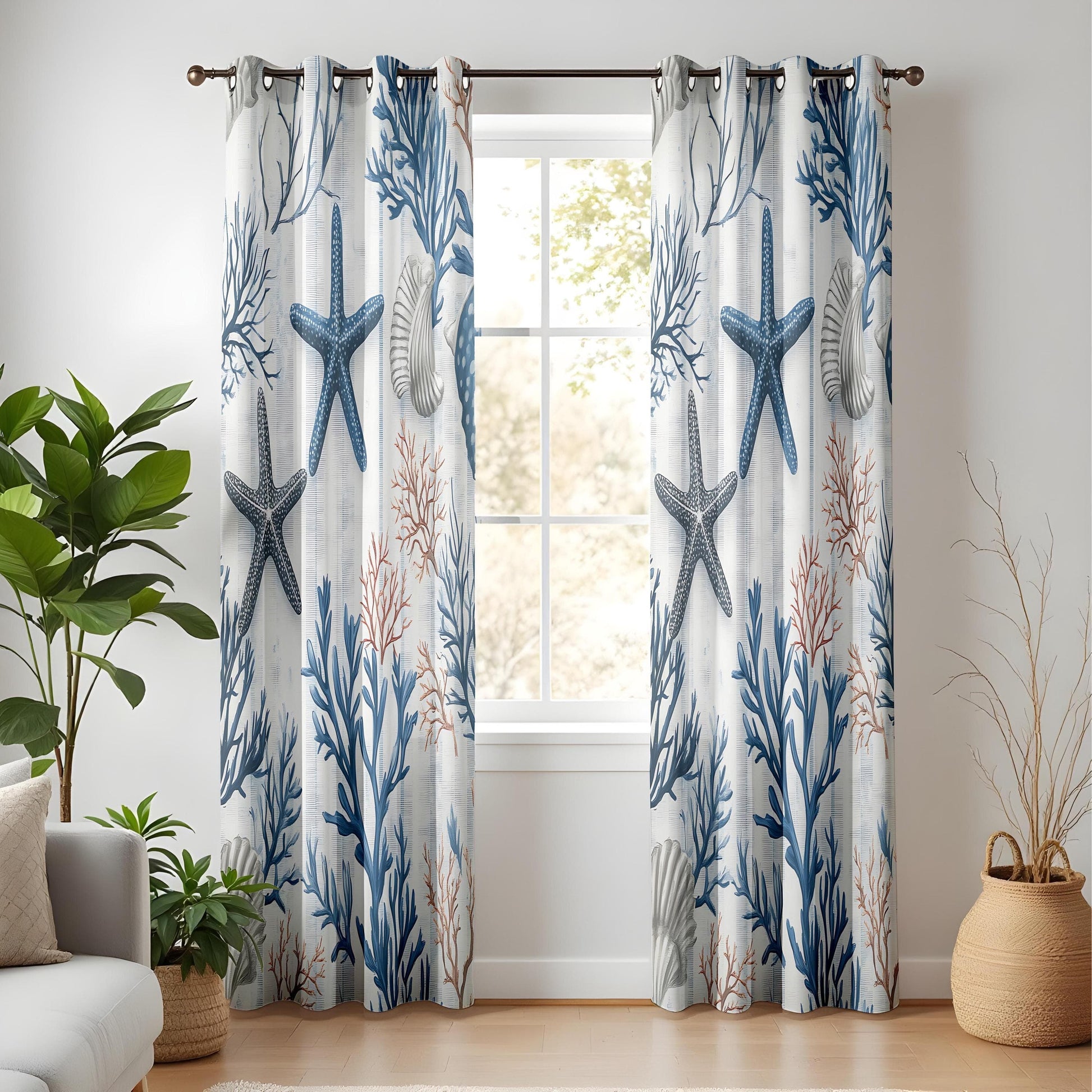 Onay Coastal Nautical Living Room Curtains, Blue Starfish and Coral Print Drapes