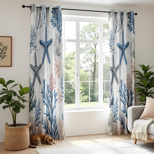 Onay Coastal Nautical Living Room Curtains, Blue Starfish and Coral Print Drapes