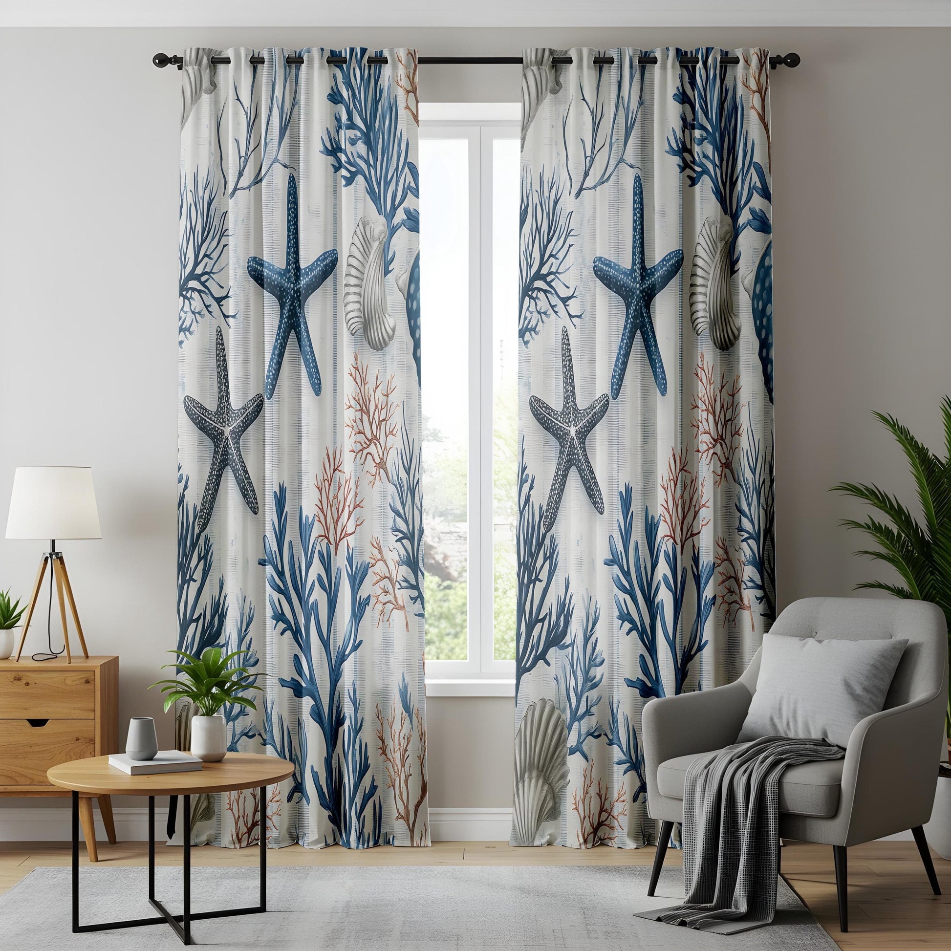Onay Coastal Nautical Living Room Curtains, Blue Starfish and Coral Print Drapes