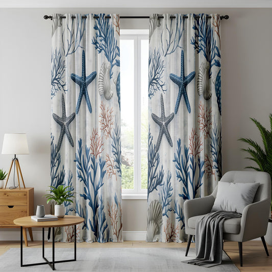 Onay Coastal Nautical Living Room Curtains, Blue Starfish and Coral Print Drapes