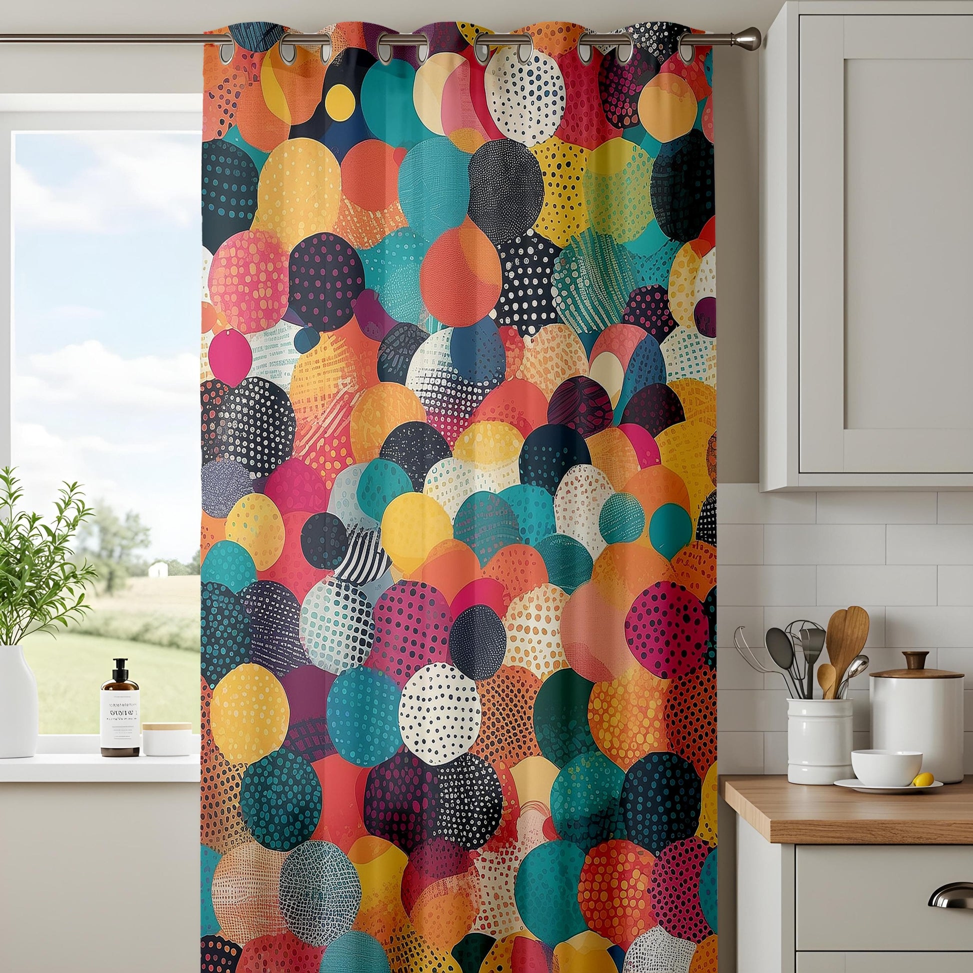 Onay Colorful Circle Pattern Curtains, Bold Multicolor Curtains, Modern Abstract Polka Dot