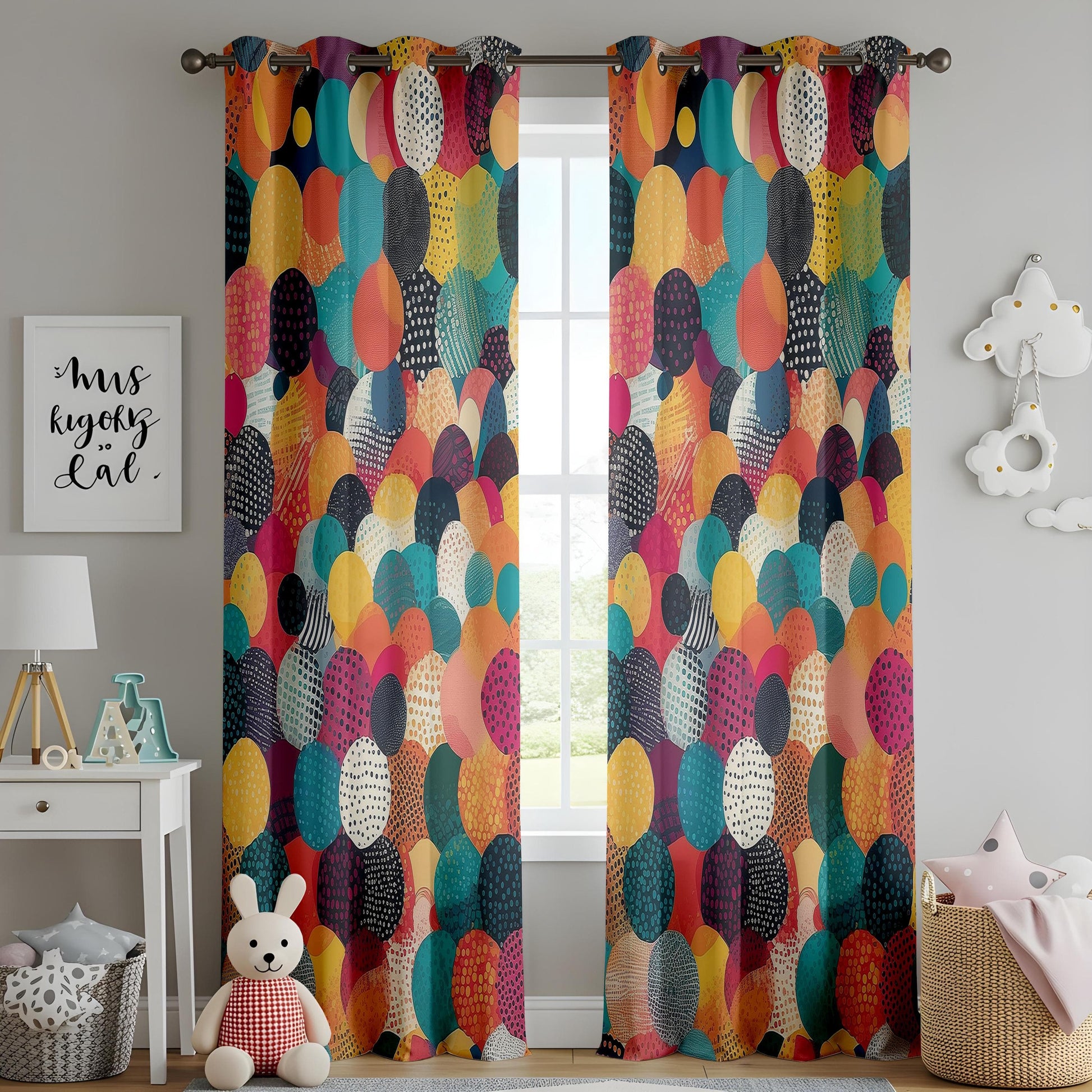 Onay Colorful Circle Pattern Curtains, Bold Multicolor Curtains, Modern Abstract Polka Dot