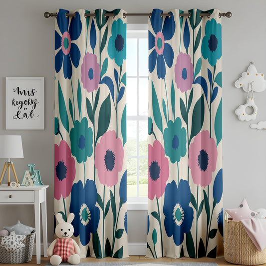 Onay Colorful Floral Drapes, Pink and Blue Flowers on Neutral Curtain