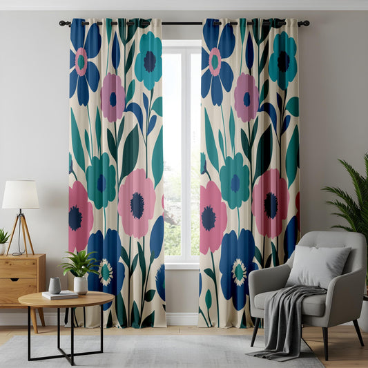 Onay Colorful Floral Drapes, Pink and Blue Flowers on Neutral Curtain