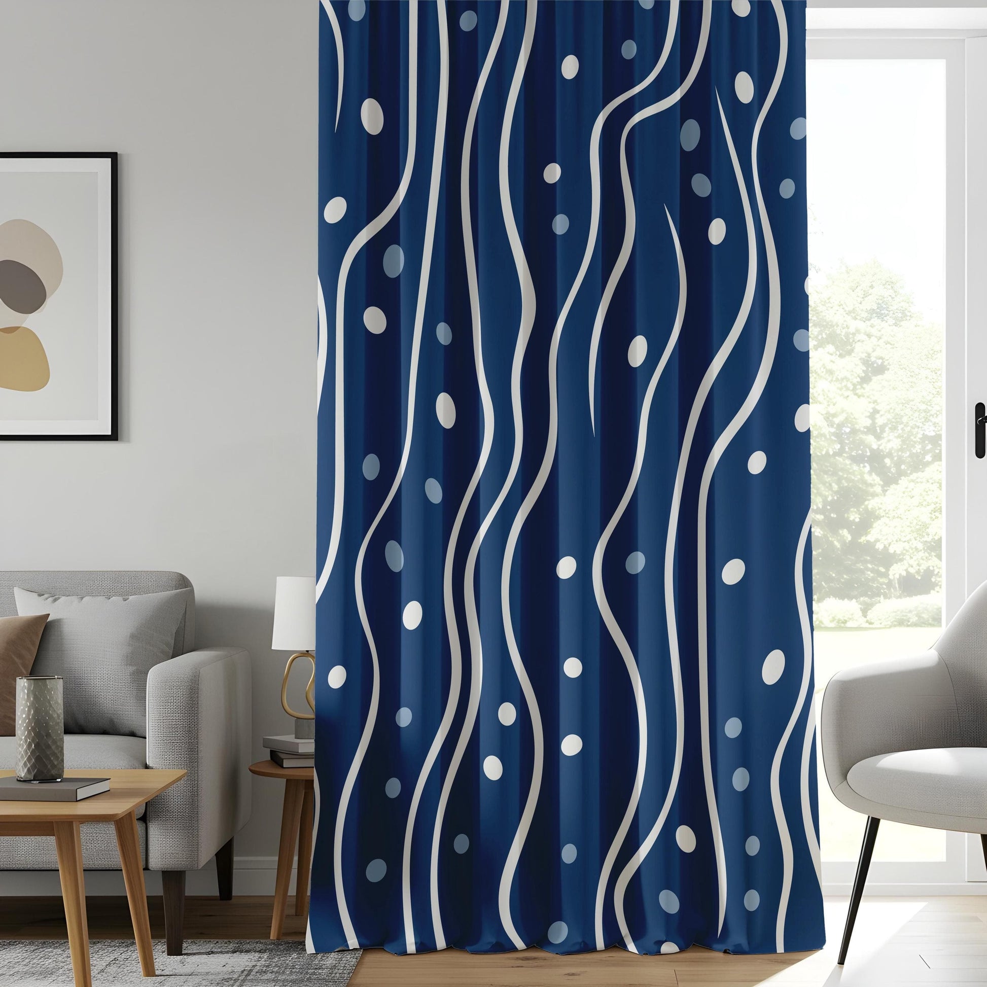 Onay Contemporary Wavy Line Curtains, Navy and White Dotted Pattern