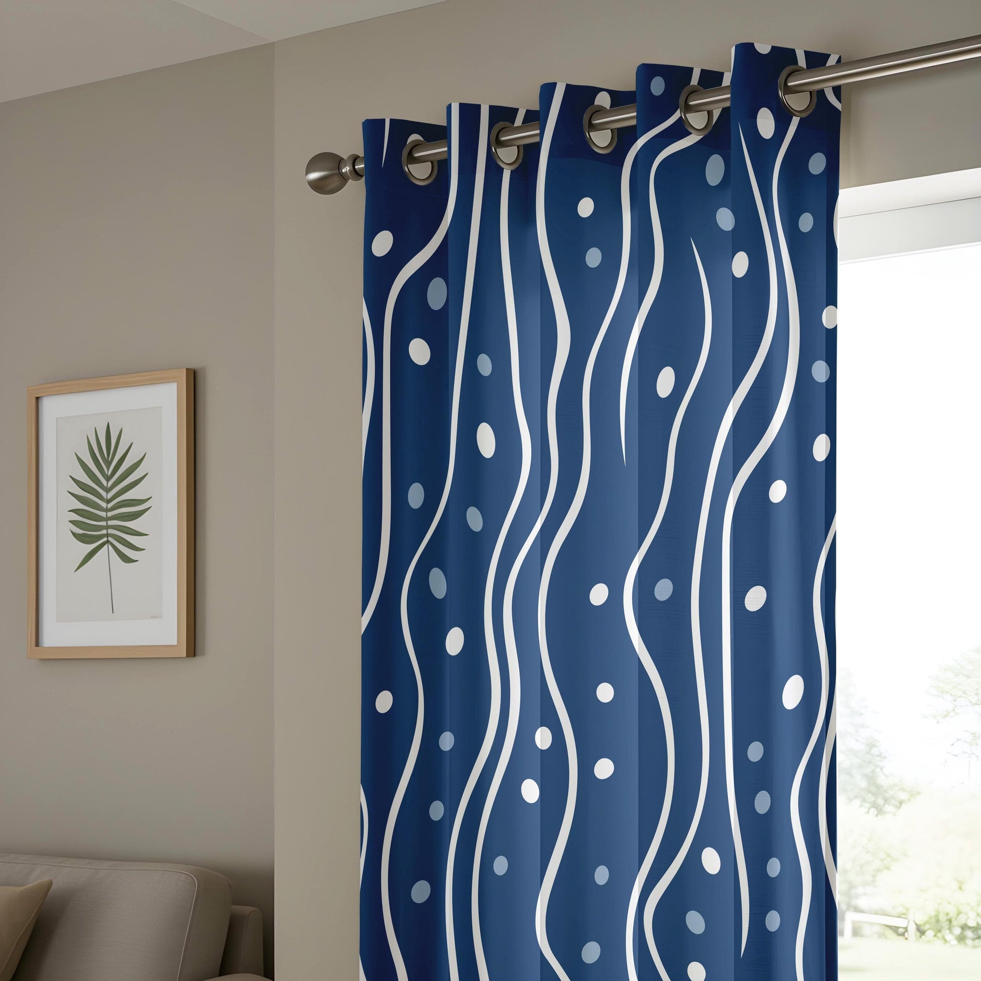 Onay Contemporary Wavy Line Curtains, Navy and White Dotted Pattern