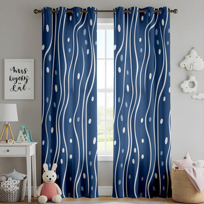 Onay Contemporary Wavy Line Curtains, Navy and White Dotted Pattern