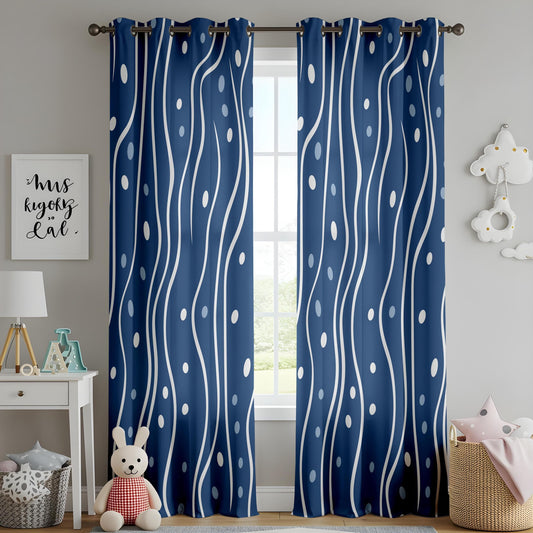 Onay Contemporary Wavy Line Curtains, Navy and White Dotted Pattern