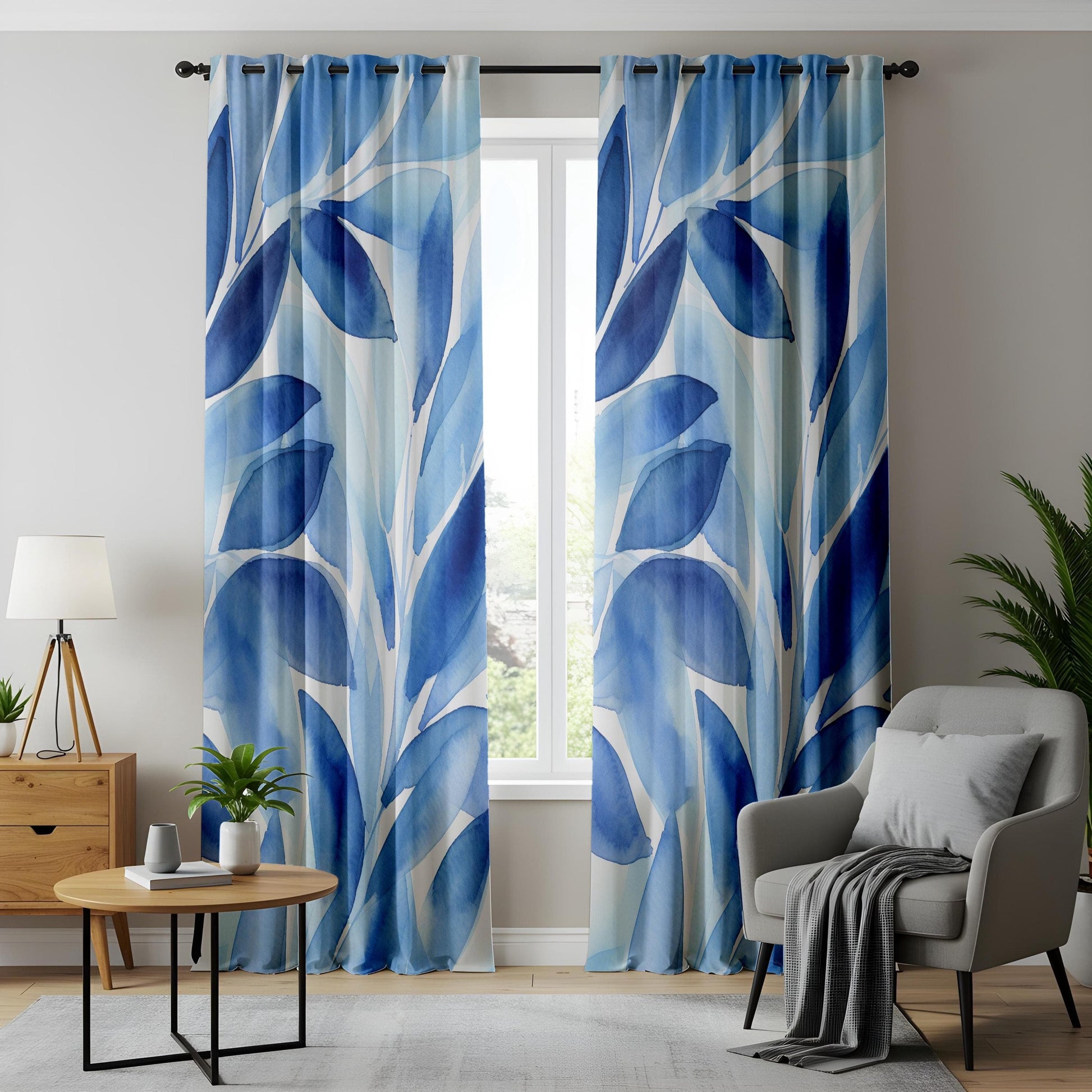 Onay Cool Breeze Leaf Pattern Window Curtains, Tranquil Blue Foliage Design