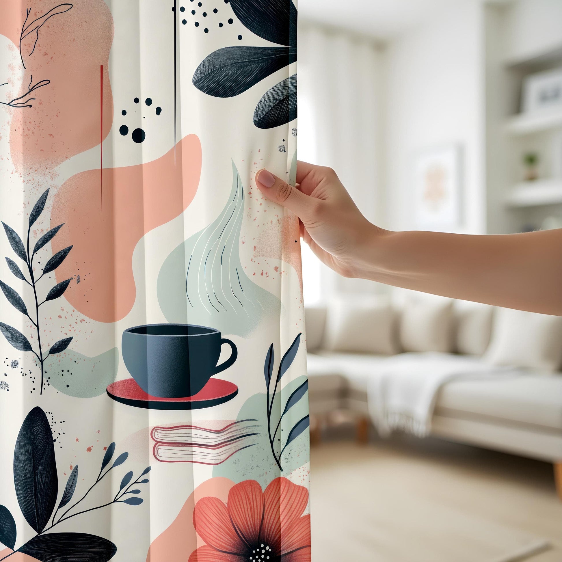 Onay Cozy Coffee Curtains, Abstract Boho Cafe-Inspired Drapes, Warm Neutral Aesthetic