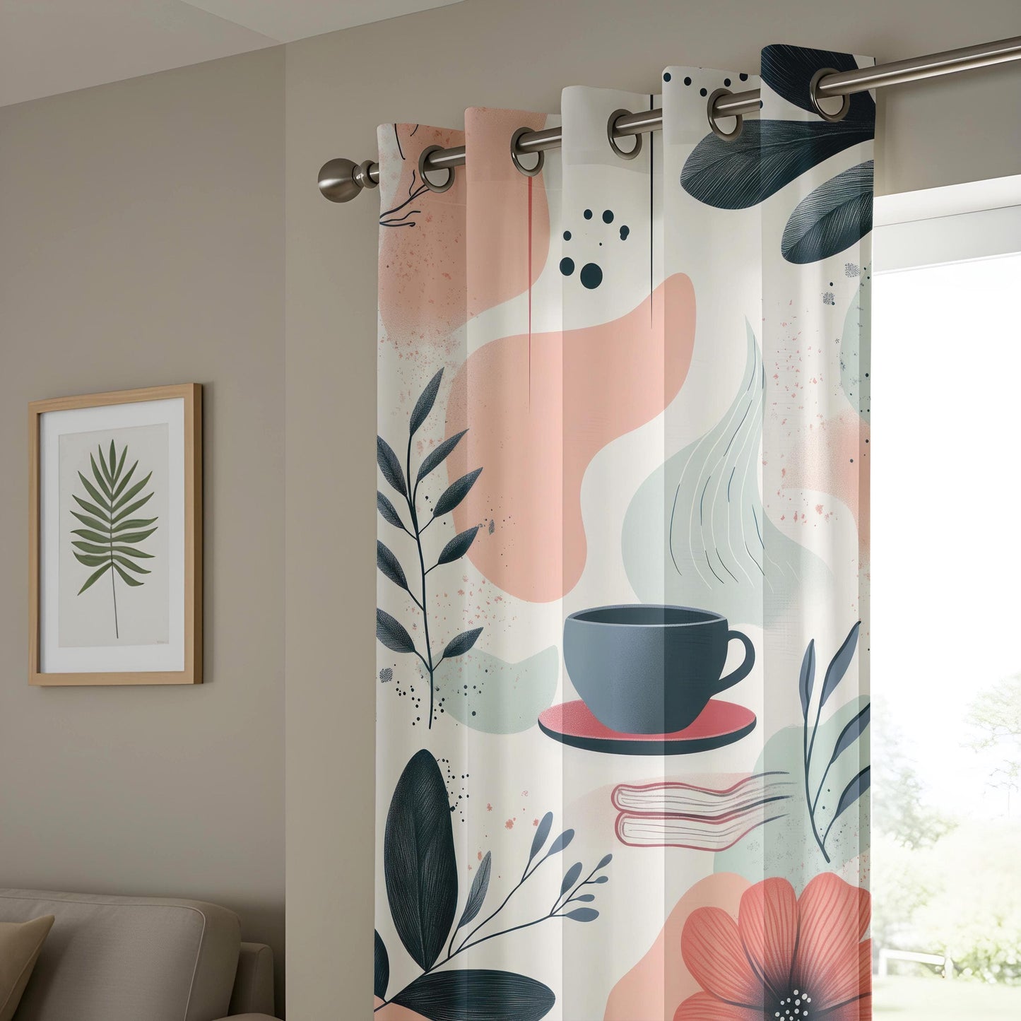 Onay Cozy Coffee Curtains, Abstract Boho Cafe-Inspired Drapes, Warm Neutral Aesthetic