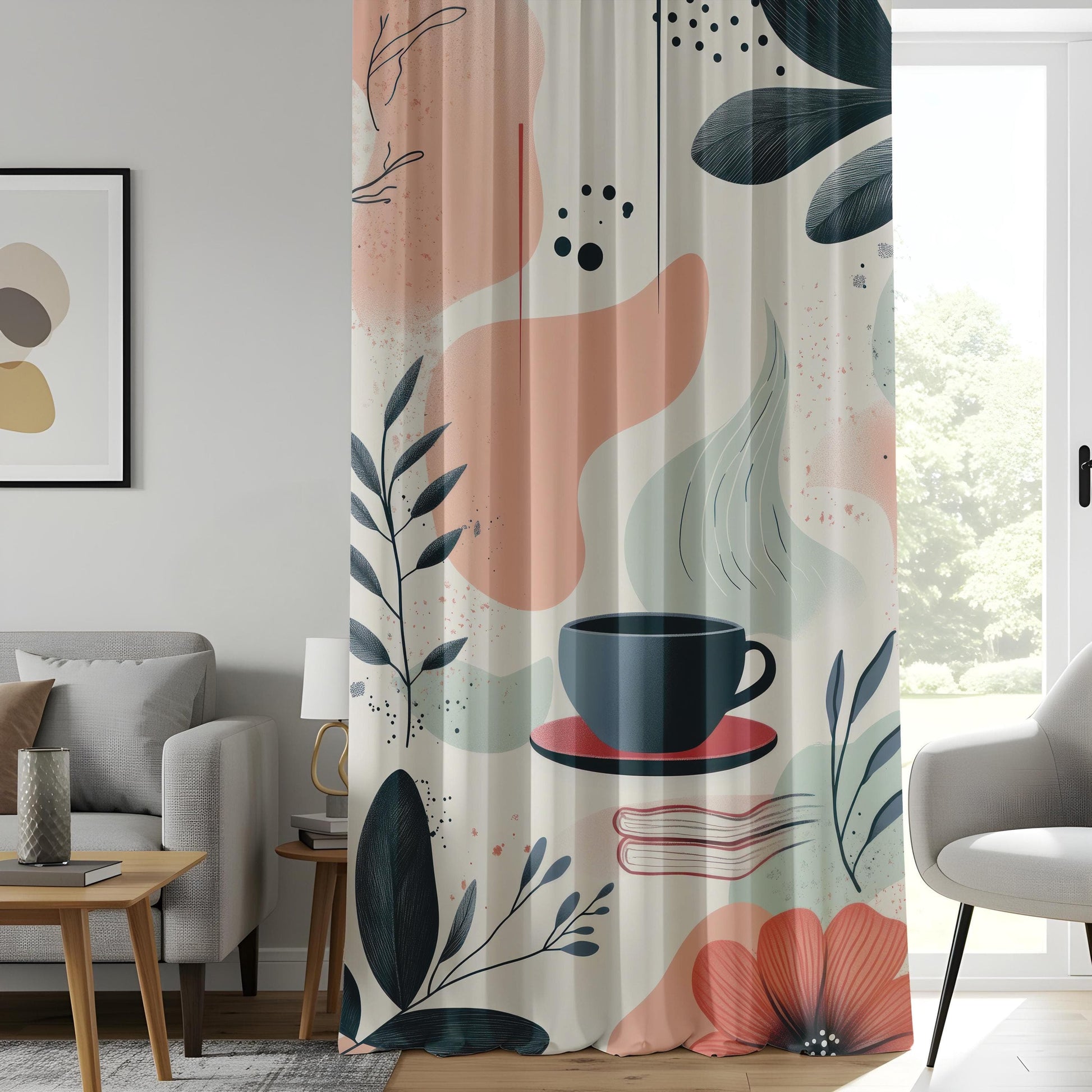 Onay Cozy Coffee Curtains, Abstract Boho Cafe-Inspired Drapes, Warm Neutral Aesthetic