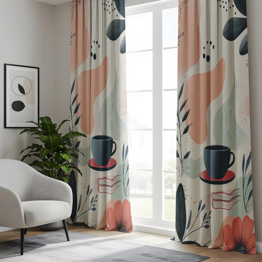 Onay Cozy Coffee Curtains, Abstract Boho Cafe-Inspired Drapes, Warm Neutral Aesthetic