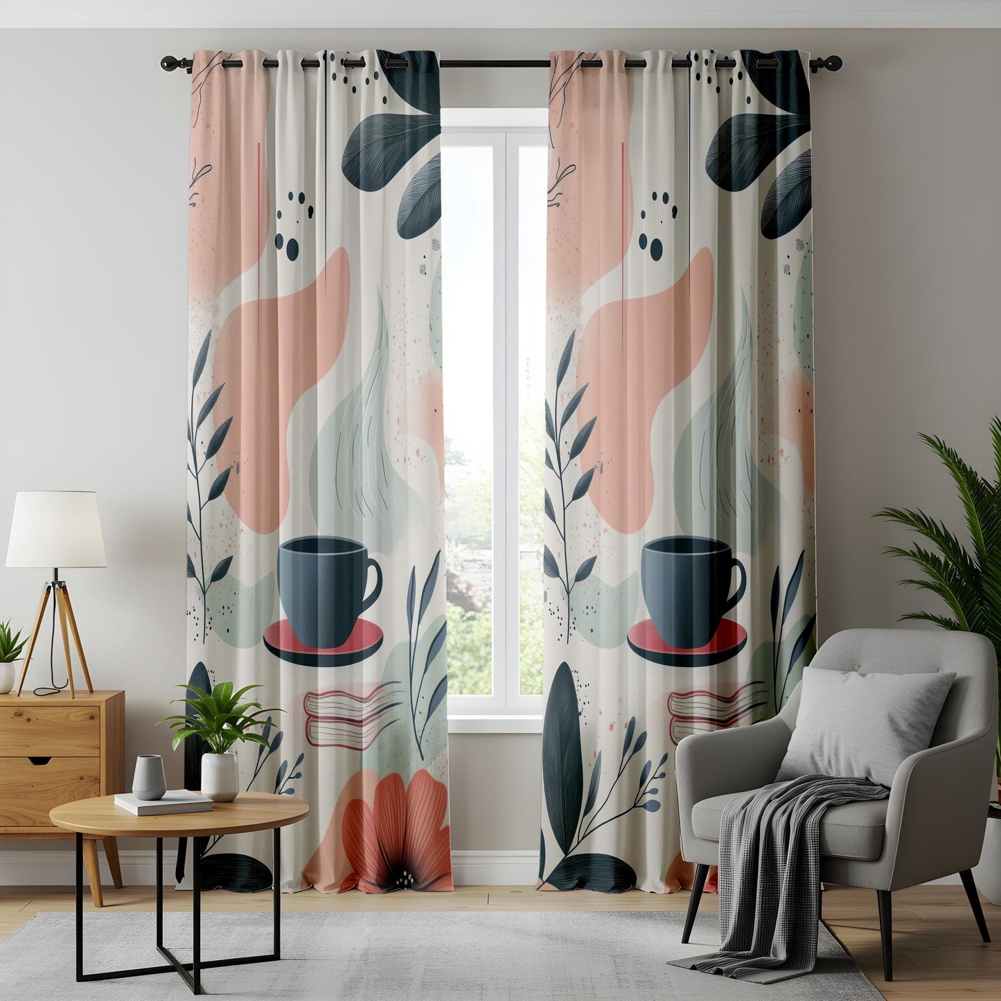Onay Cozy Coffee Curtains, Abstract Boho Cafe-Inspired Drapes, Warm Neutral Aesthetic