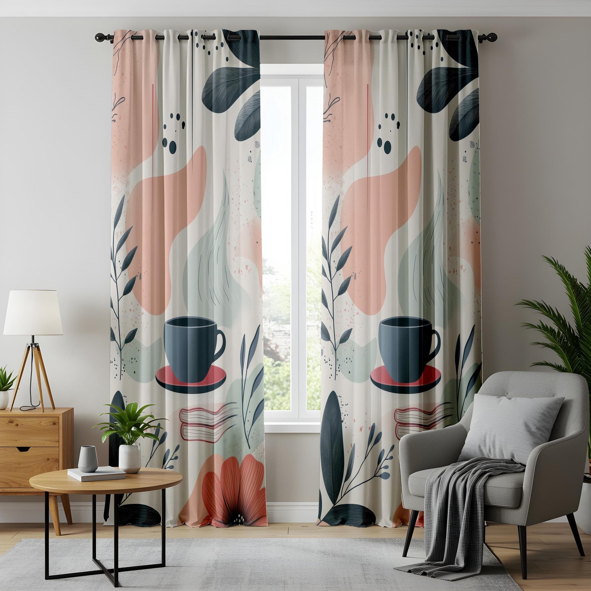 Onay Cozy Coffee Curtains, Abstract Boho Cafe-Inspired Drapes, Warm Neutral Aesthetic