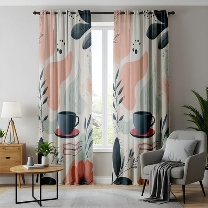 Onay Cozy Coffee Curtains, Abstract Boho Cafe-Inspired Drapes, Warm Neutral Aesthetic