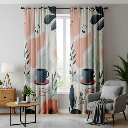 Onay Cozy Coffee Curtains, Abstract Boho Cafe-Inspired Drapes, Warm Neutral Aesthetic