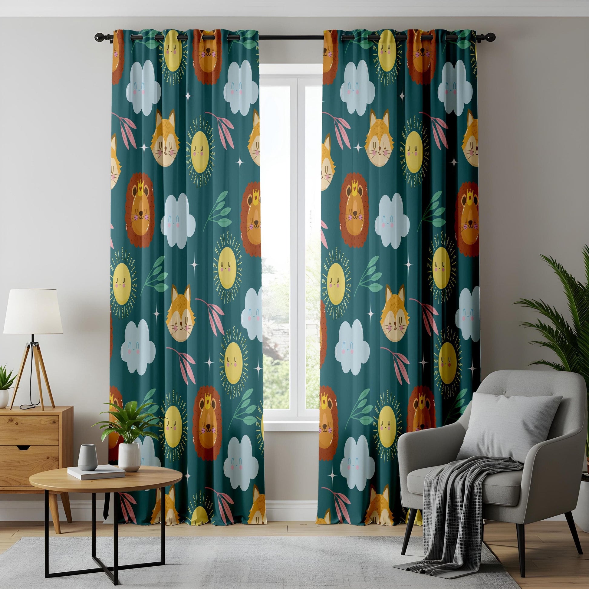 Onay Cute Animal Kids Curtains – Colorful Lion & Fox Print Drapes for Playful Nursery and Baby Room