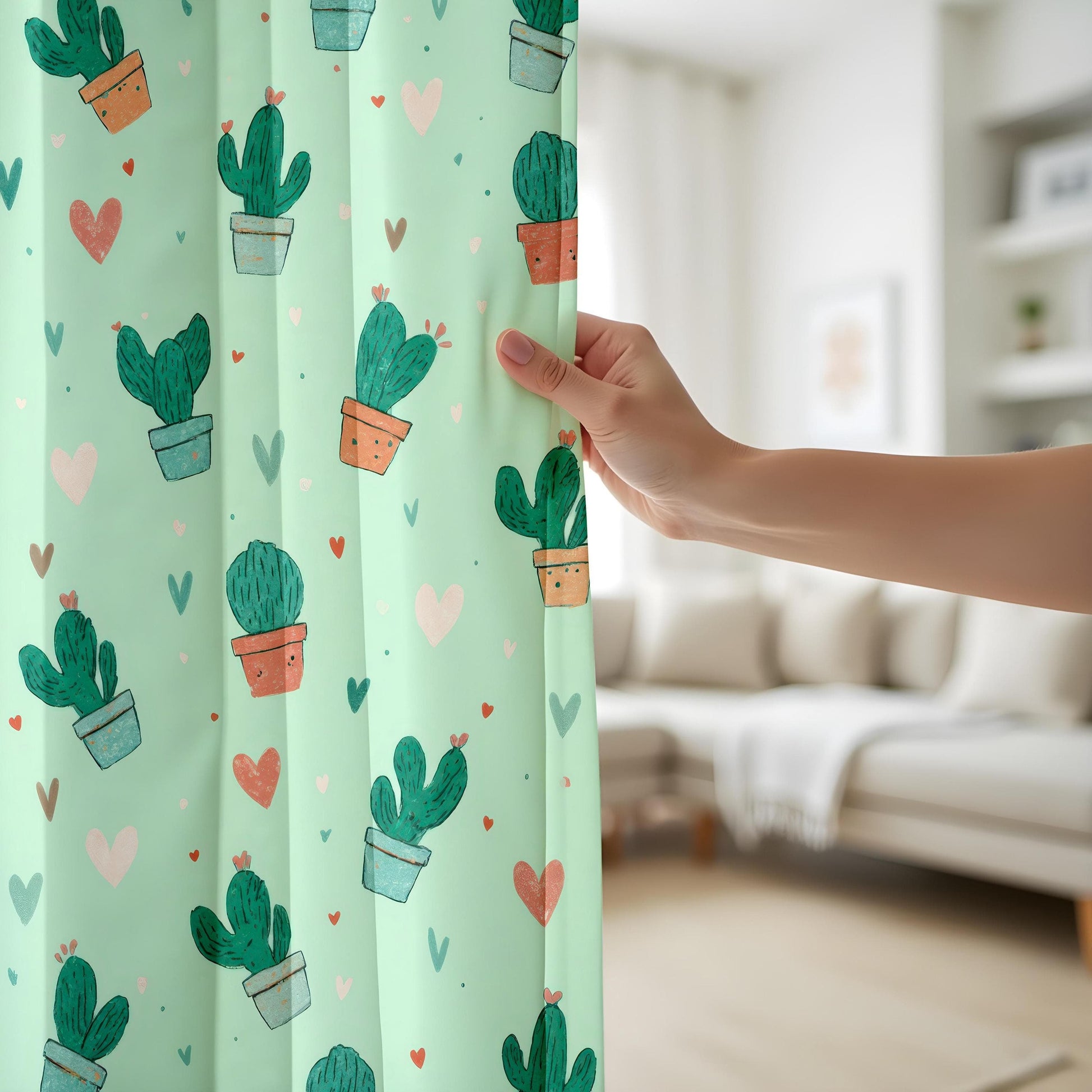 Onay Cute Cactus Curtains, Pastel Green Succulent Print Drapes, Whimsical Boho Decor