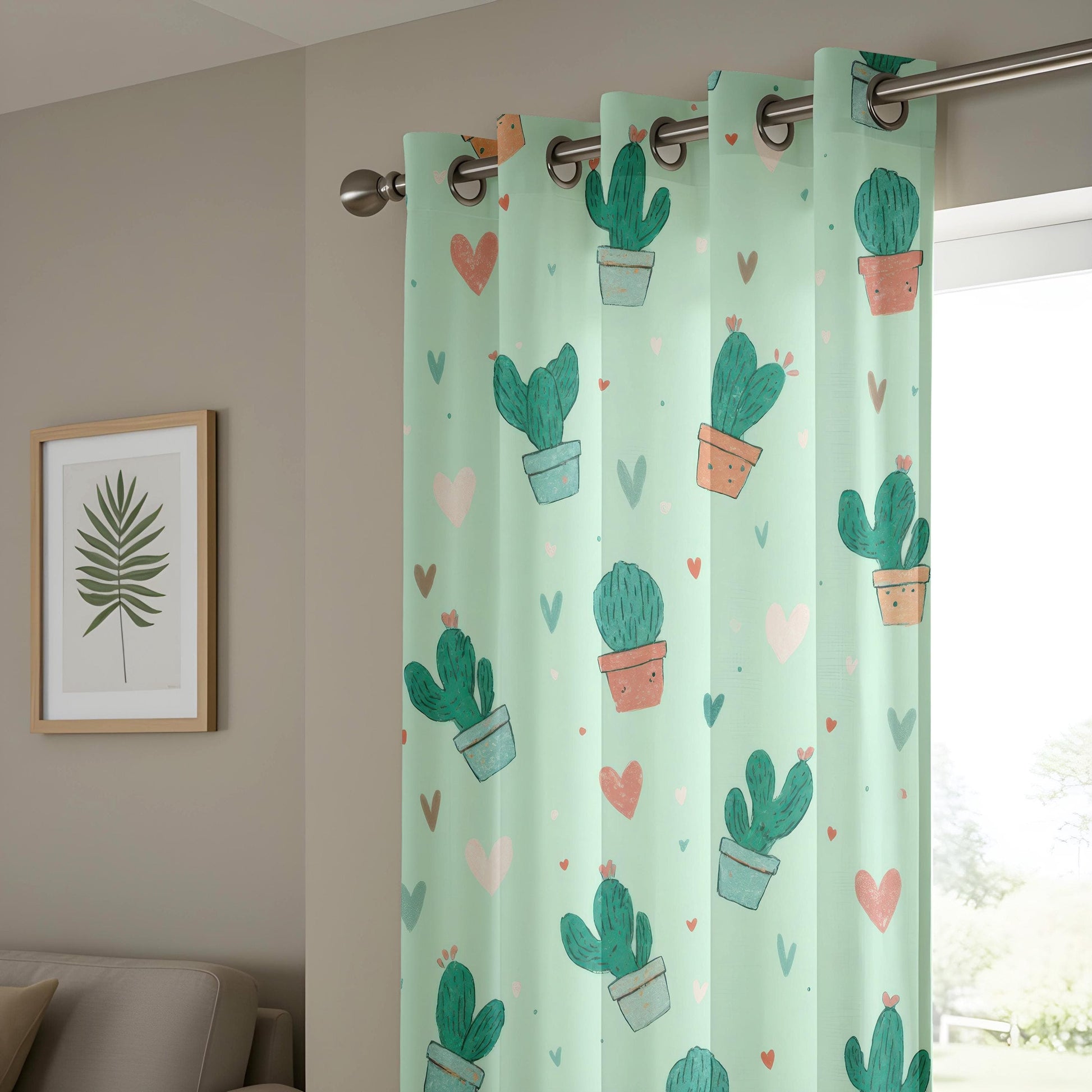 Onay Cute Cactus Curtains, Pastel Green Succulent Print Drapes, Whimsical Boho Decor
