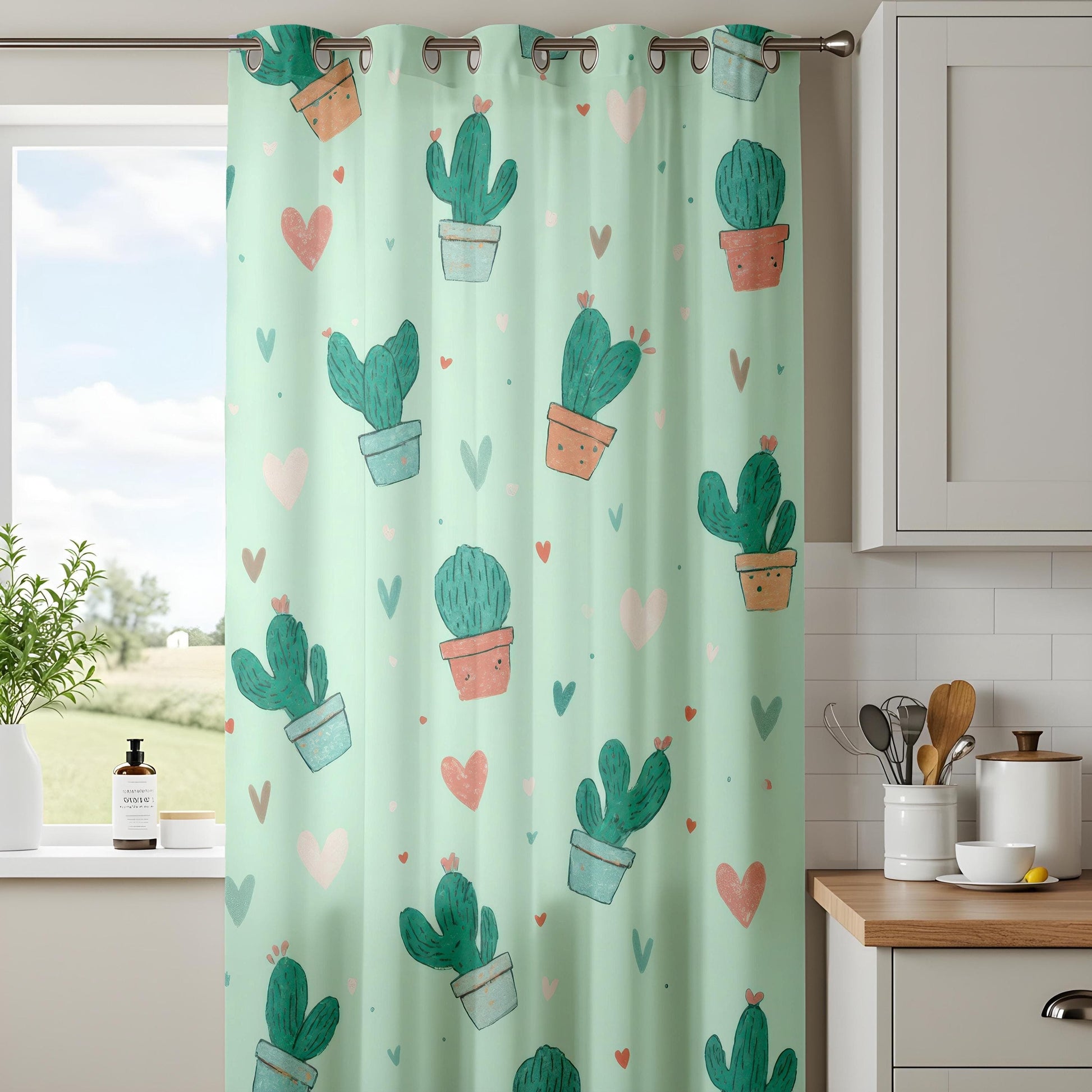 Onay Cute Cactus Curtains, Pastel Green Succulent Print Drapes, Whimsical Boho Decor