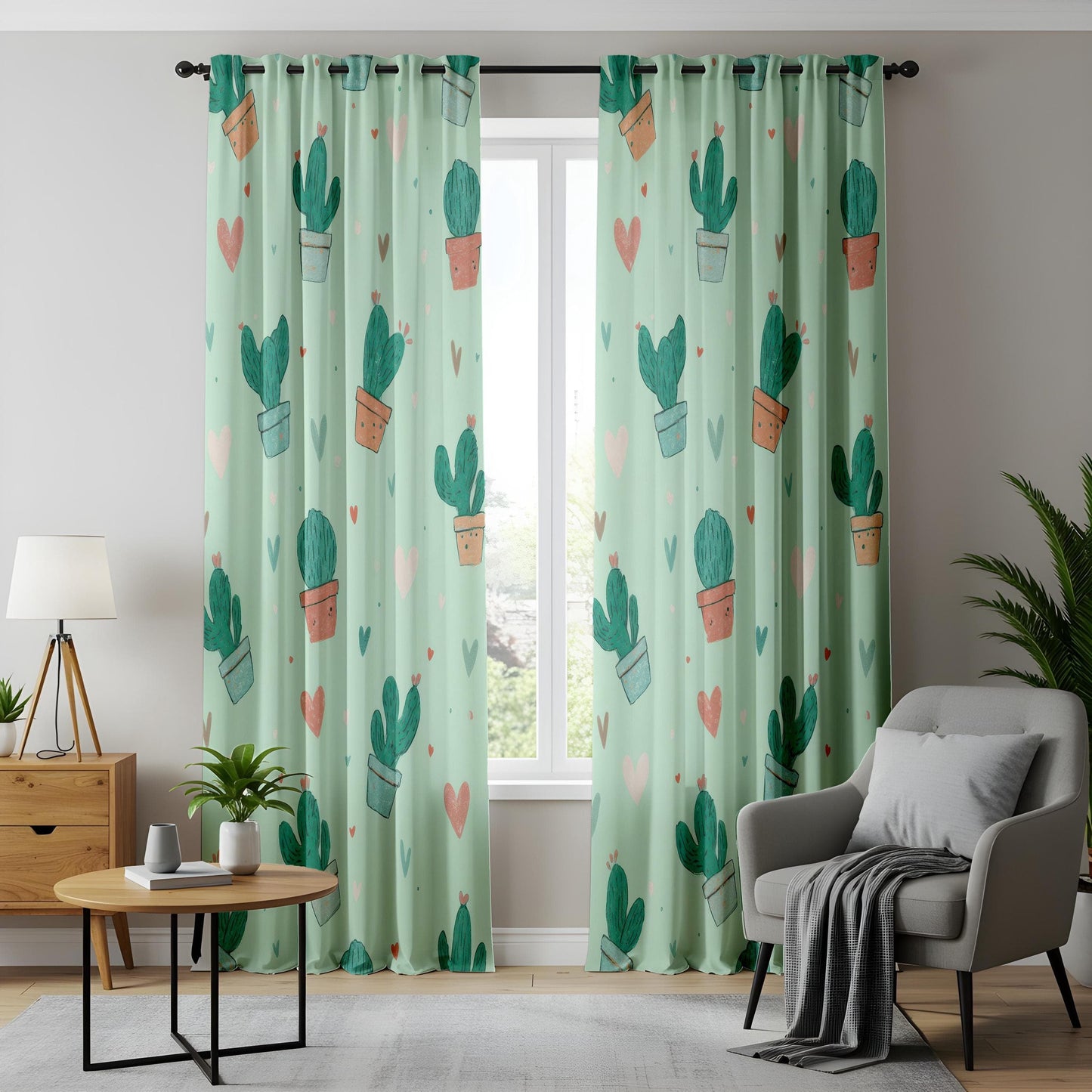 Onay Cute Cactus Curtains, Pastel Green Succulent Print Drapes, Whimsical Boho Decor