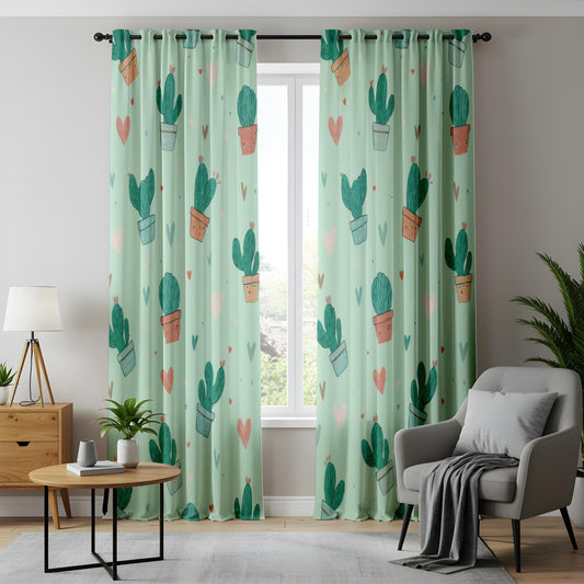 Onay Cute Cactus Curtains, Pastel Green Succulent Print Drapes, Whimsical Boho Decor