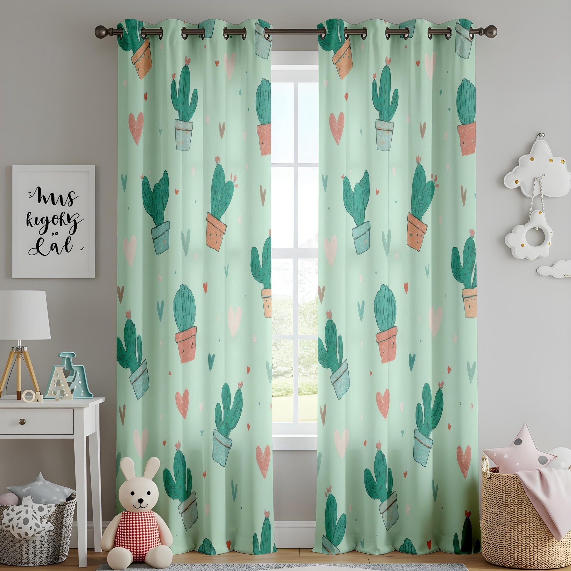 Onay Cute Cactus Curtains, Pastel Green Succulent Print Drapes, Whimsical Boho Decor