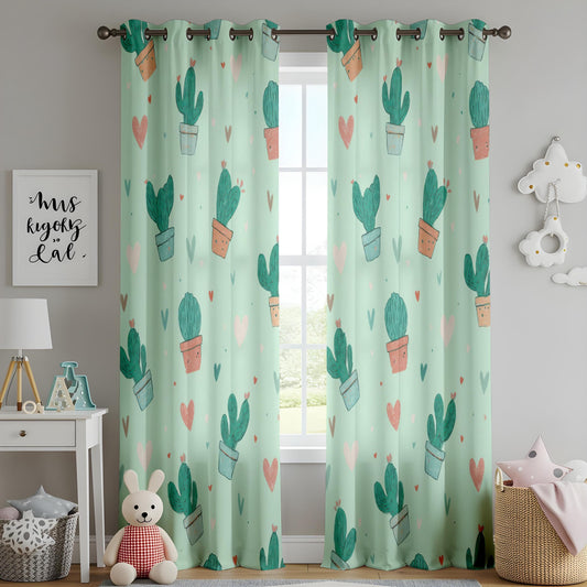 Onay Cute Cactus Curtains, Pastel Green Succulent Print Drapes, Whimsical Boho Decor