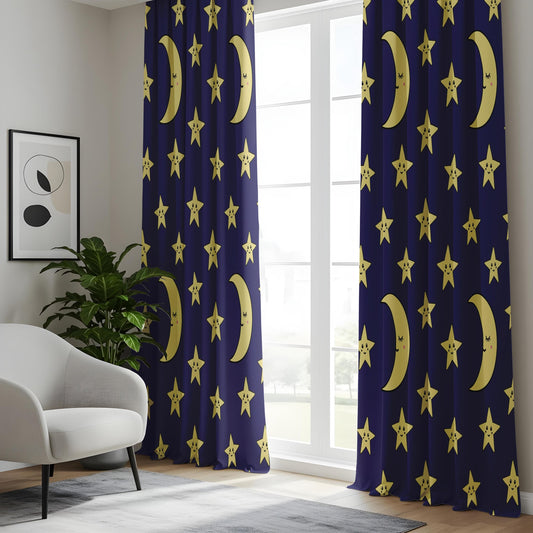 Onay Cute Moon and Stars Kids Room Curtains, Navy Blue Cartoon Night Sky Drapes
