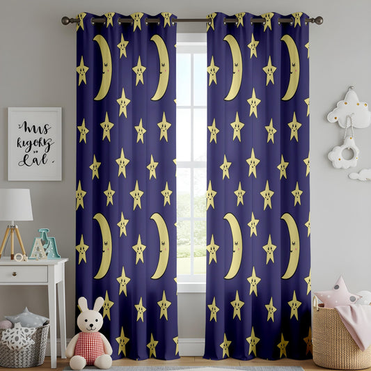 Onay Cute Moon and Stars Kids Room Curtains, Navy Blue Cartoon Night Sky Drapes